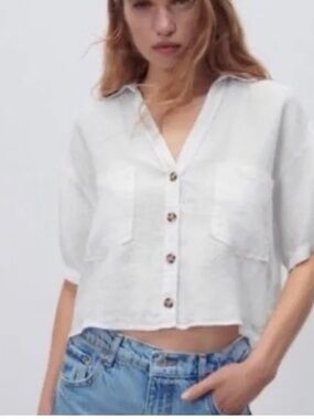Zara White Linen V-Neck Button Shirt